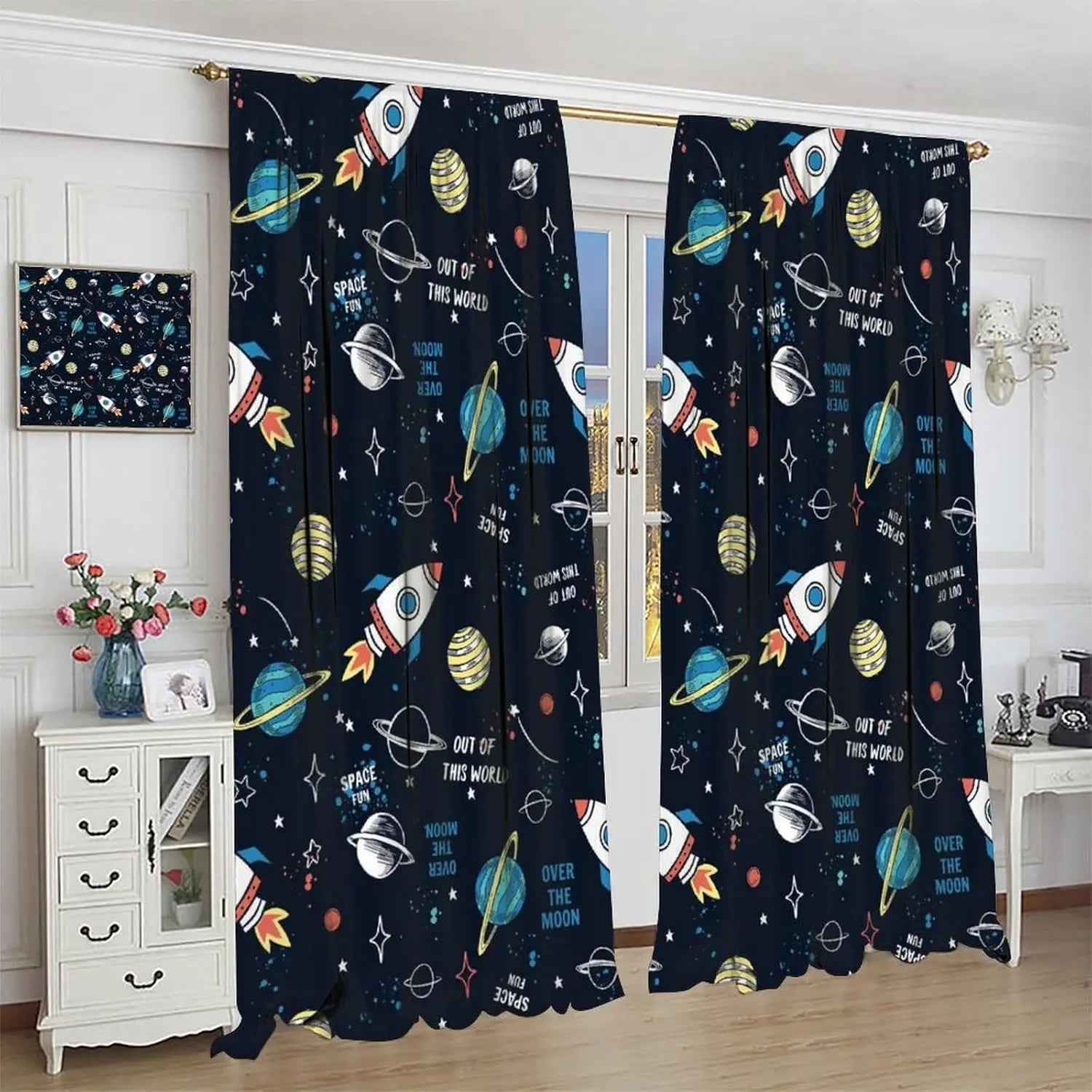 Rideaux Enfant Thème Espace – Astronaute & Planètes, Occultants, Décoration Chambre
