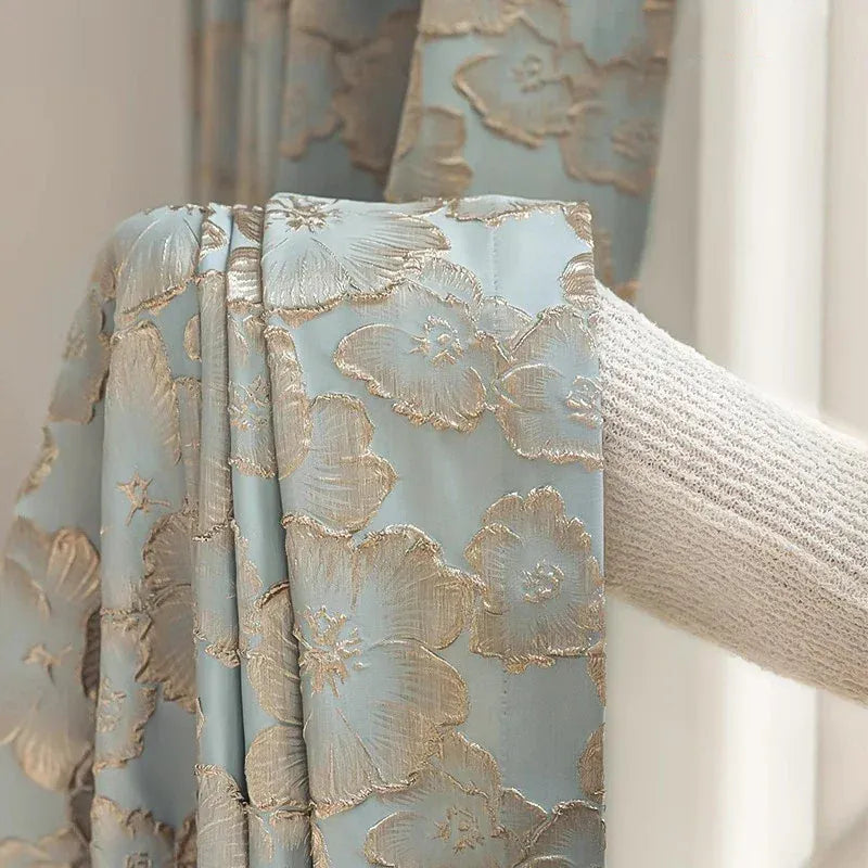 Rideaux Jacquard Luxe Bleu – Fleurs 3D en Relief avec Dorure Baroque Français, Semi-Occultants pour Salon