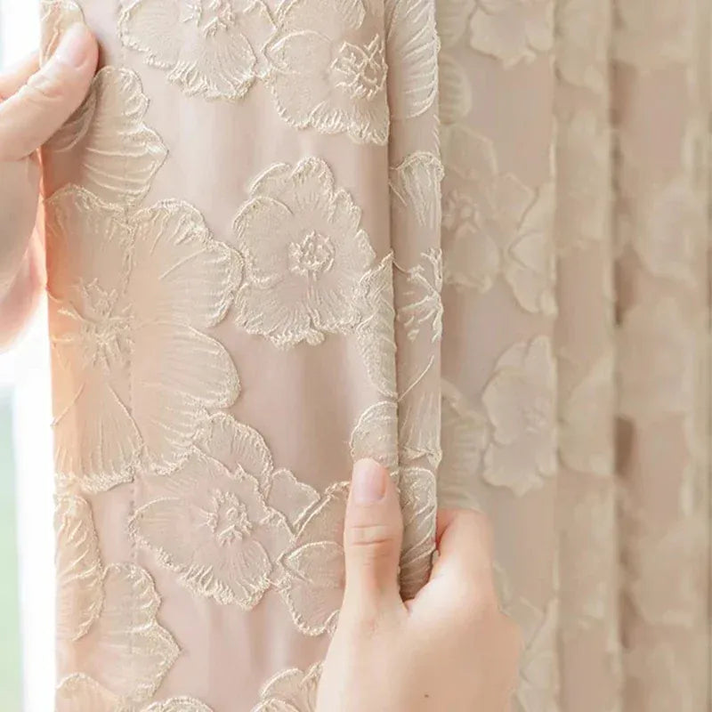 Rideaux Jacquard Luxe Bleu – Fleurs 3D en Relief avec Dorure Baroque Français, Semi-Occultants pour Salon