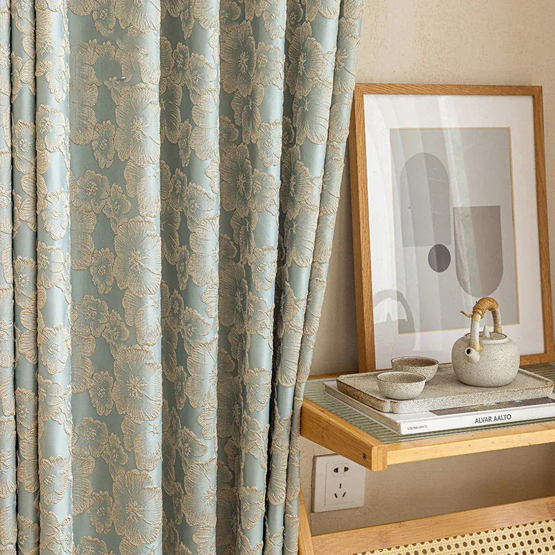 Rideaux Jacquard Luxe Bleu – Fleurs 3D en Relief avec Dorure Baroque Français, Semi-Occultants pour Salon