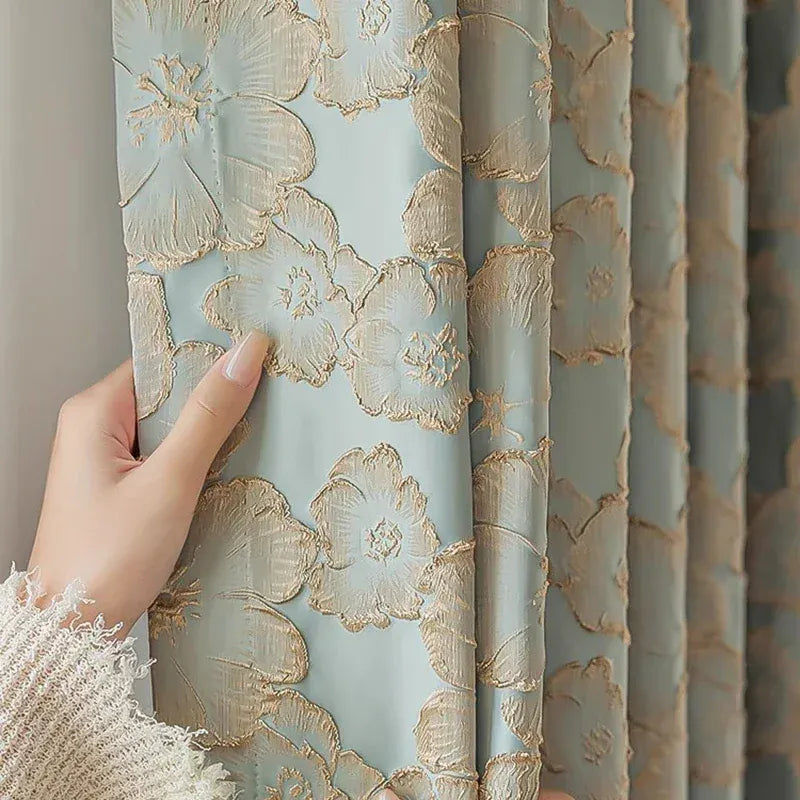 Rideaux Jacquard Luxe Bleu – Fleurs 3D en Relief avec Dorure Baroque Français, Semi-Occultants pour Salon