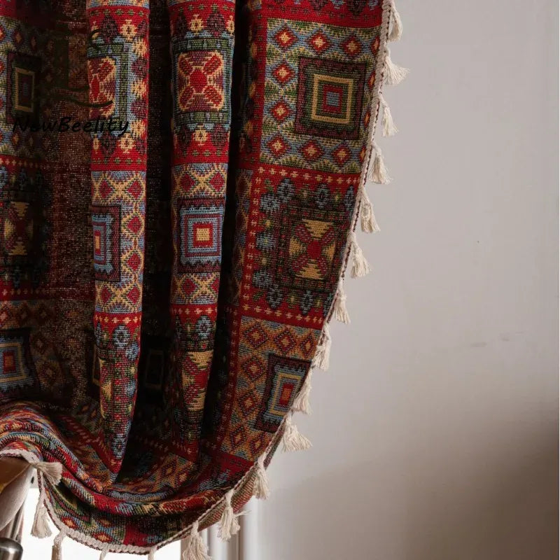 Rideaux Jacquard Rouges à Motifs Géométriques – Semi-Occultants Sur Mesure pour Salon, Salle à Manger ou Chambre