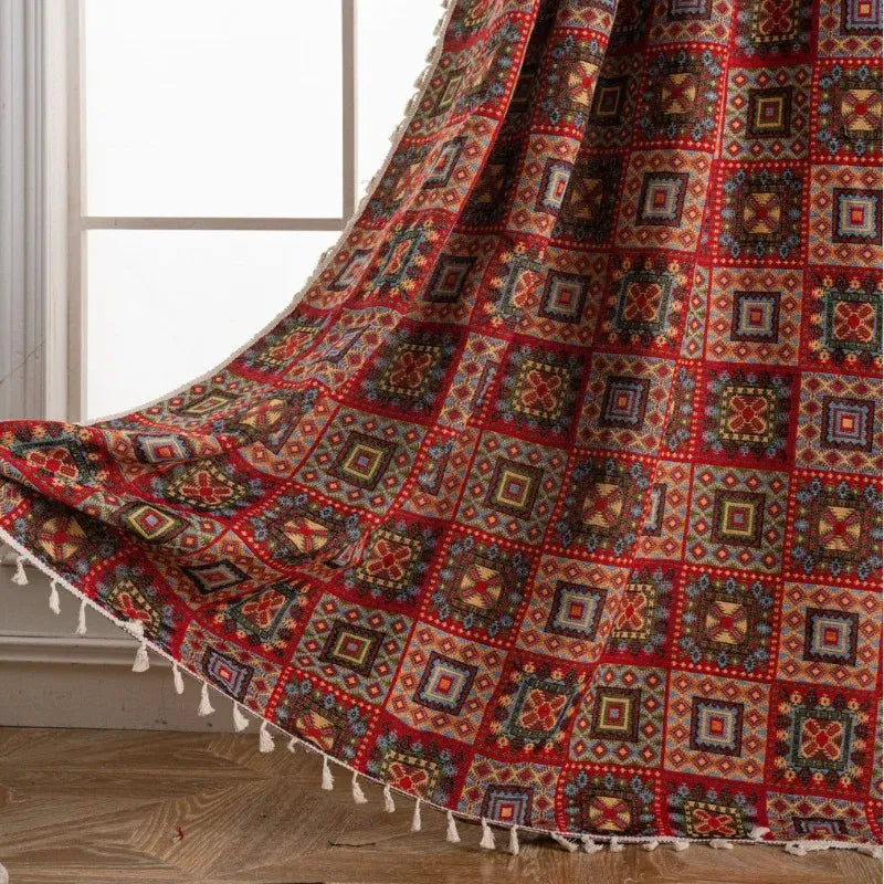 Rideaux Jacquard Rouges à Motifs Géométriques – Semi-Occultants Sur Mesure pour Salon, Salle à Manger ou Chambre