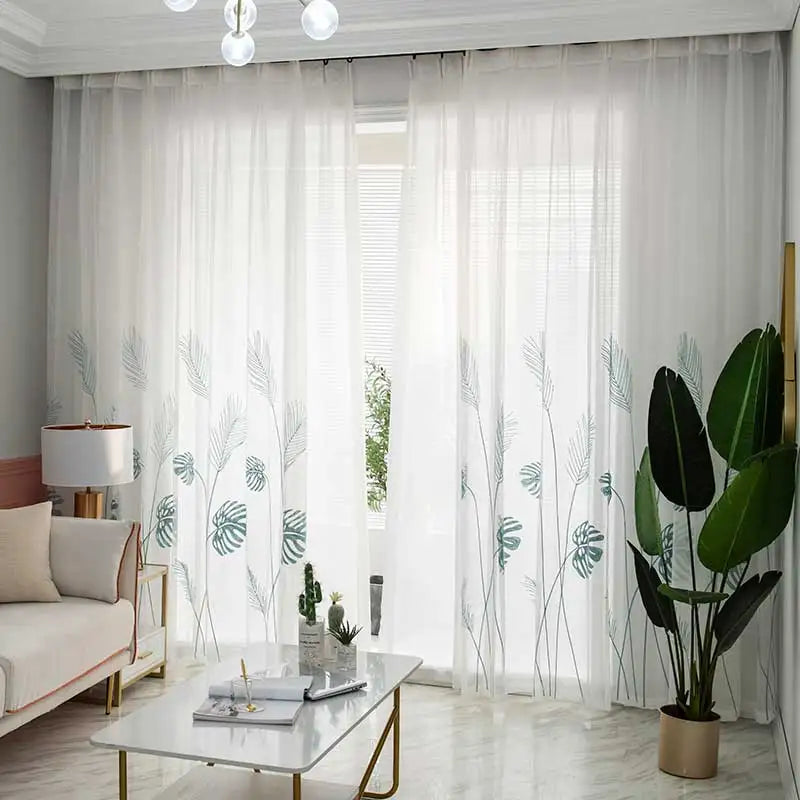 Rideaux Légers Contemporains – Voilages Pastoral à Feuilles Brodées pour Fenêtres de Pièce de Vie