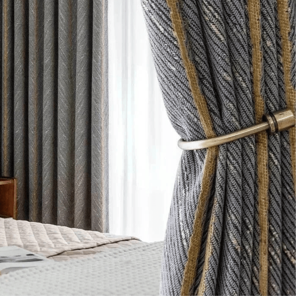 Rideaux Nordiques Luxe – Blackout Jacquard Herringbone Doré, Salon & Chambre, Tulle Sur Mesure
