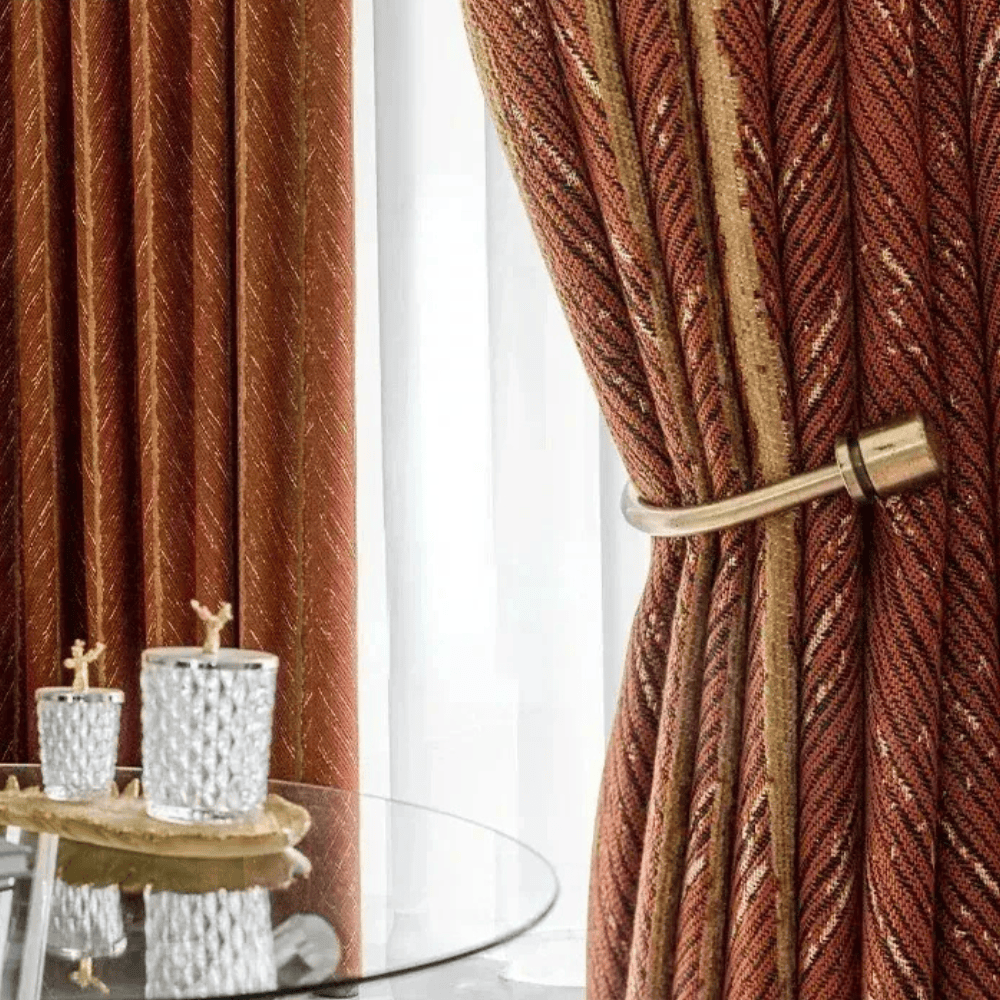 Rideaux Nordiques Luxe – Blackout Jacquard Herringbone Doré, Salon & Chambre, Tulle Sur Mesure