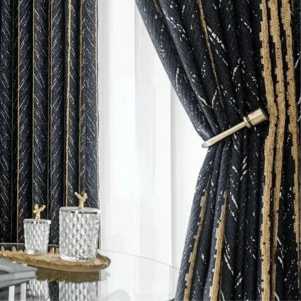 Rideaux Nordiques Luxe – Blackout Jacquard Herringbone Doré, Salon & Chambre, Tulle Sur Mesure