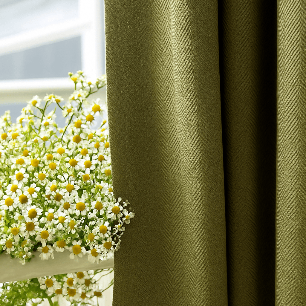 Rideaux Occultants Chenille Vert Olive – Motif Chevrons, Sur Mesure pour Salon et Pièce de Vie