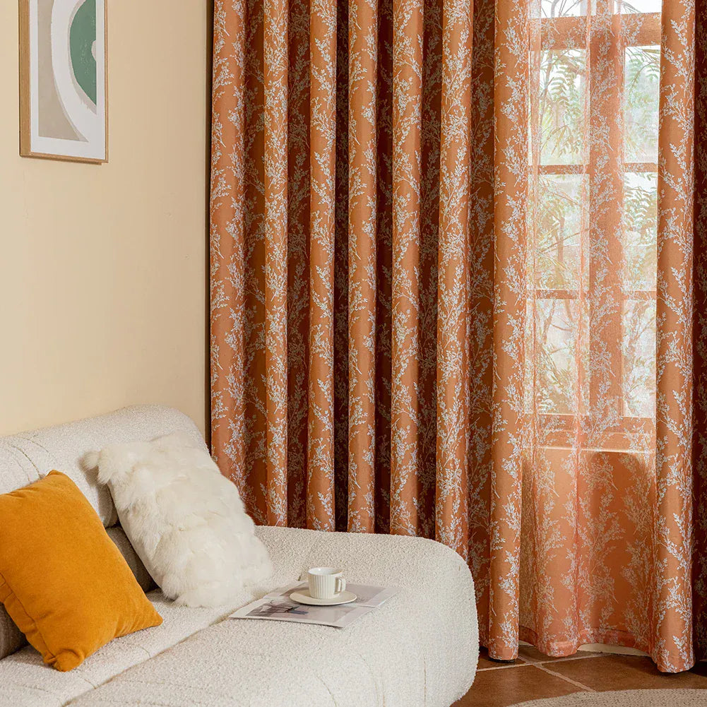 Rideaux Occultants Orange Caramel – Style Rétro Français, Imprimé Élégant pour Salon ou Chambre (1 Pc)