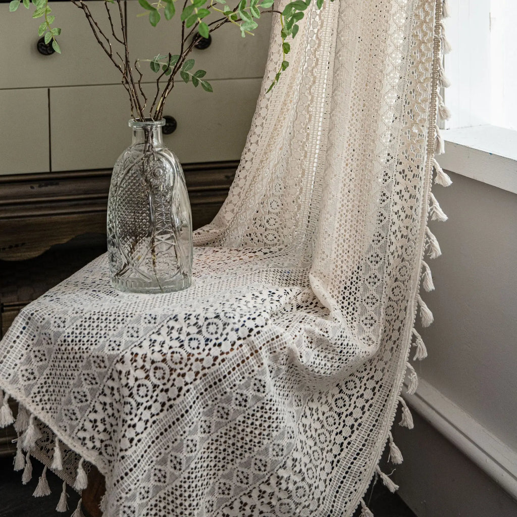 Rideaux Rustiques en Dentelle Tulle Française – Motif Géométrique Rayé, Voilage Lumineux pour Salon ou Chambre
