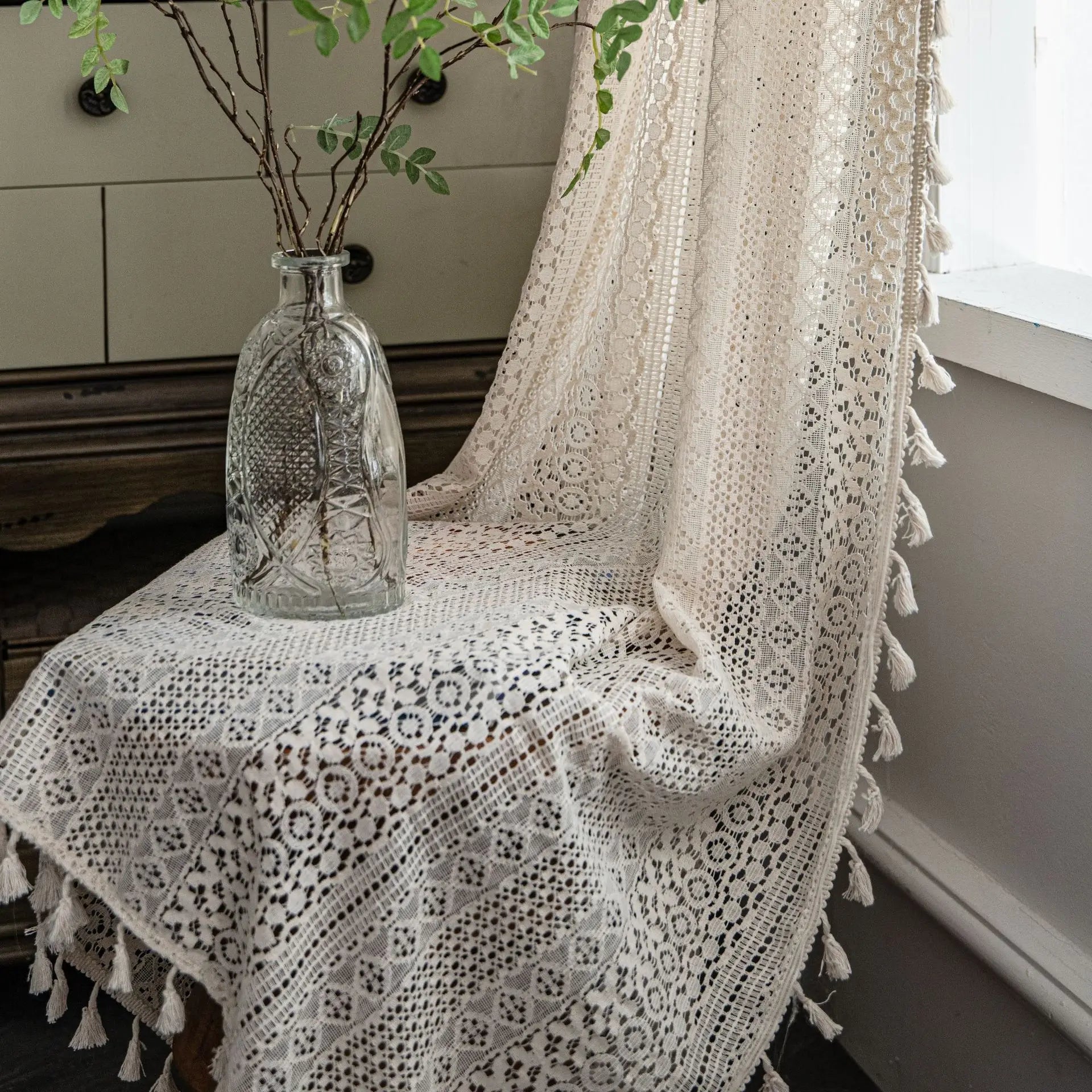 Rideaux Rustiques en Dentelle Tulle Française – Motif Géométrique Rayé, Voilage Lumineux pour Salon ou Chambre