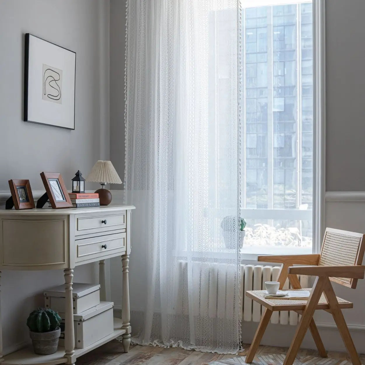 Rideaux Rustiques en Dentelle Tulle Française – Motif Géométrique Rayé, Voilage Lumineux pour Salon ou Chambre