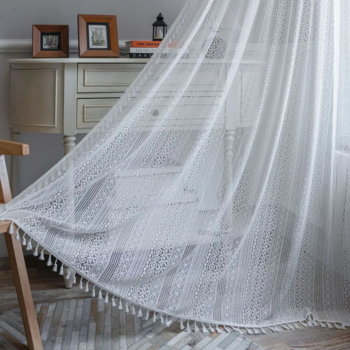Rideaux Rustiques en Dentelle Tulle Française – Motif Géométrique Rayé, Voilage Lumineux pour Salon ou Chambre