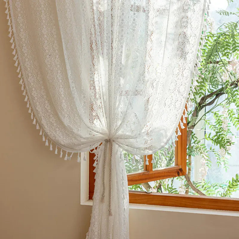 Rideaux Rustiques en Dentelle Tulle Française – Motif Géométrique Rayé, Voilage Lumineux pour Salon ou Chambre