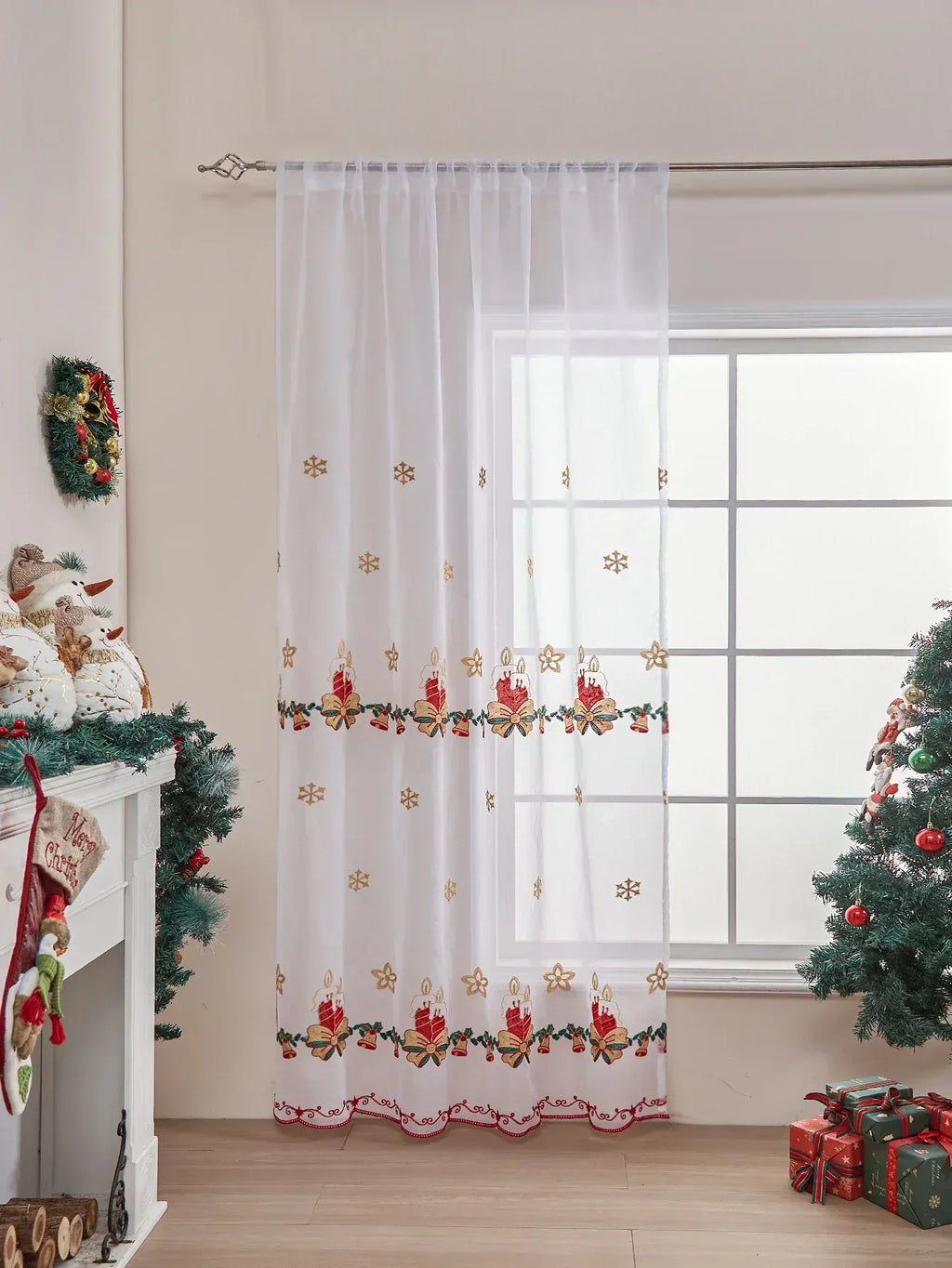 Rideaux Rustiques Voilage de Noël – Broderie Flocons de Neige, Tulle Transparent pour Salle à manger