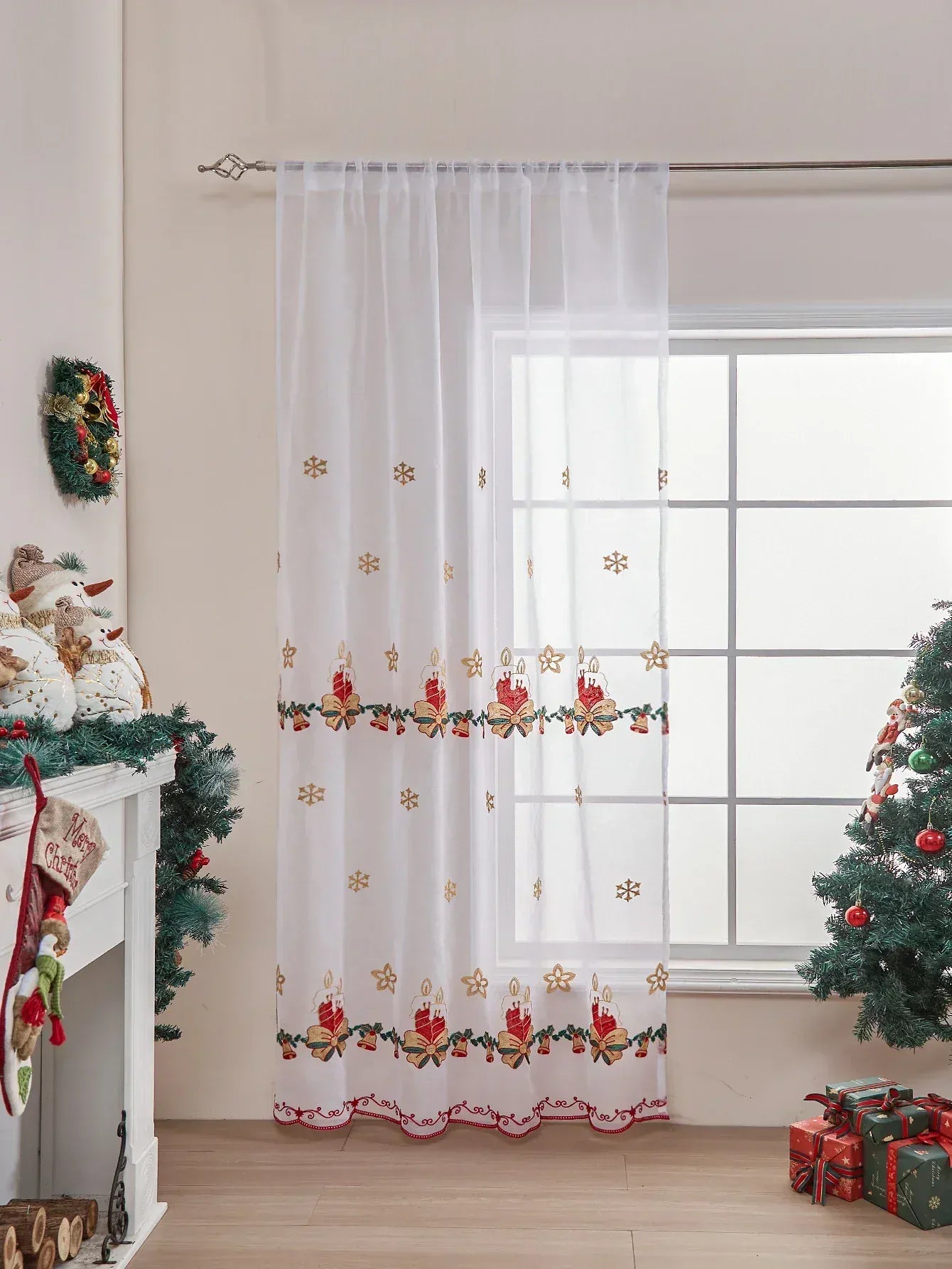 Rideaux Rustiques Voilage de Noël – Broderie Flocons de Neige, Tulle Transparent pour Salle à manger