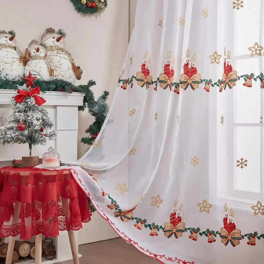 Rideaux Rustiques Voilage de Noël – Broderie Flocons de Neige, Tulle Transparent pour Salle à manger