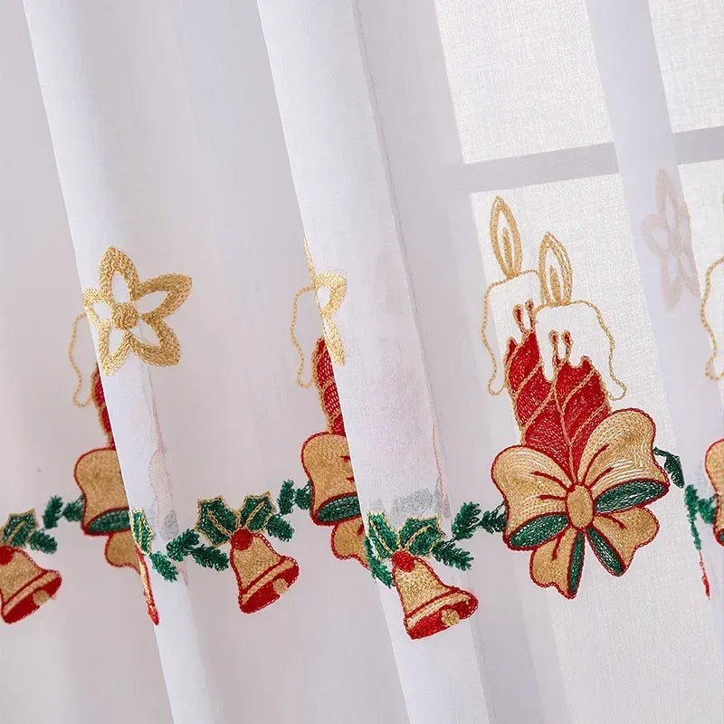 Rideaux Rustiques Voilage de Noël – Broderie Flocons de Neige, Tulle Transparent pour Salle à manger