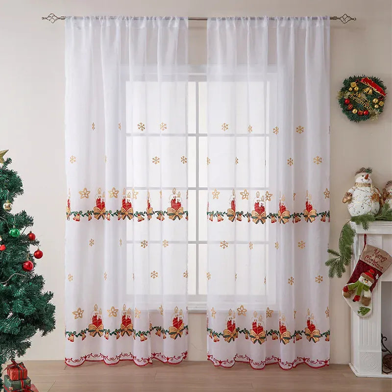 Rideaux Rustiques Voilage de Noël – Broderie Flocons de Neige, Tulle Transparent pour Salle à manger