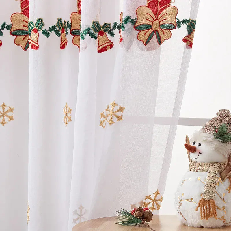Rideaux Rustiques Voilage de Noël – Broderie Flocons de Neige, Tulle Transparent pour Salle à manger