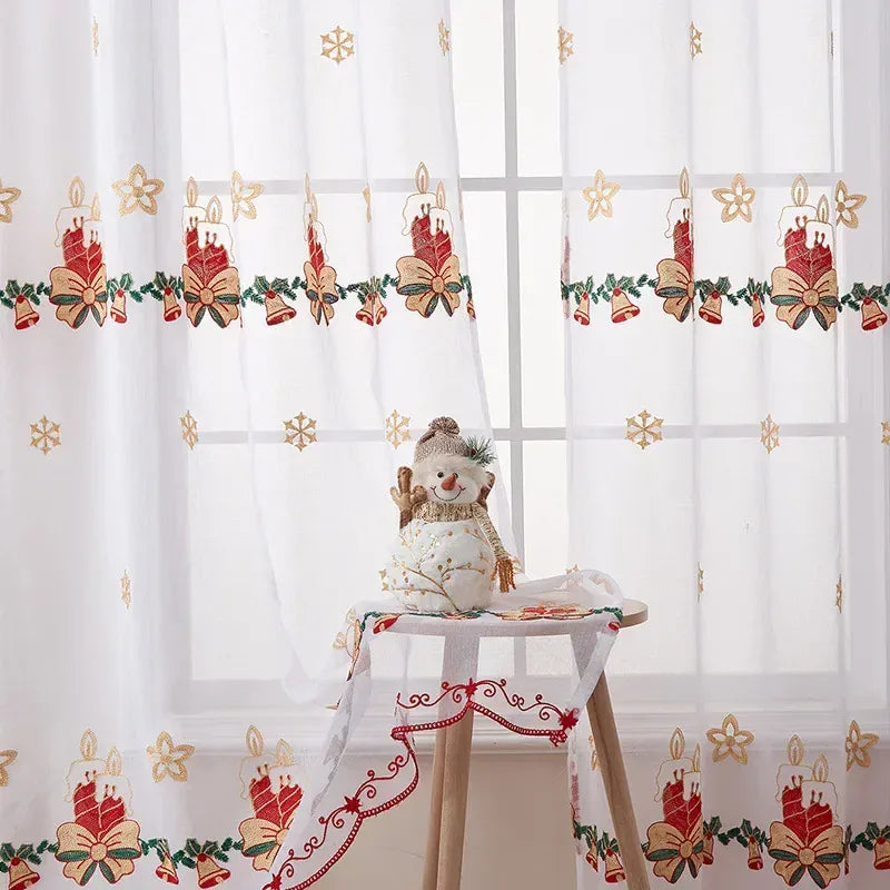 Rideaux Rustiques Voilage de Noël – Broderie Flocons de Neige, Tulle Transparent pour Salle à manger