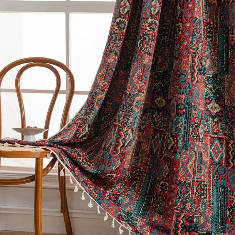 Style 1 / W150 x H260cm / Punching|CHINA Rideaux Rustiques Semi-Occultants Bohème – Design Géométrique Élégant avec Pompons, Idéals pour Chambre & Salon