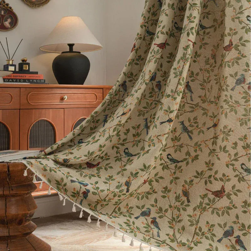 Style 1 / W150 x H300cm / Rod Pocket|CHINA Rideau Jacquard à Franges – Motif Fleurs et Oiseaux, Semi-Occultant pour Salon, Chambre ou Cuisine
