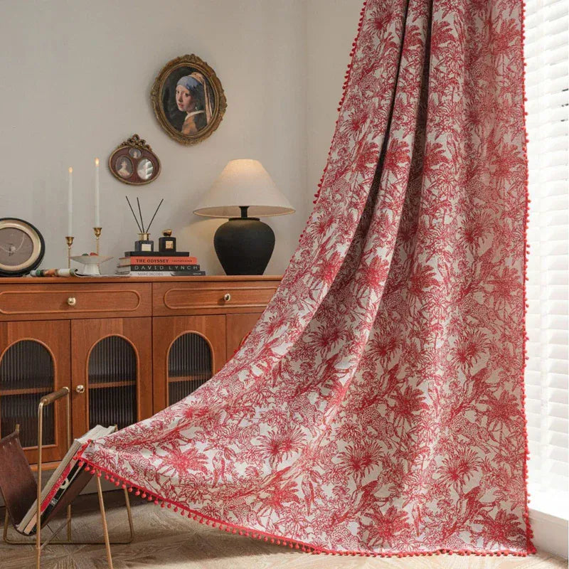 Style 2 / W150 x H260cm / Rod Pocket|CHINA Rideau Jacquard à Franges – Motif Fleurs et Oiseaux, Semi-Occultant pour Salon, Chambre ou Cuisine