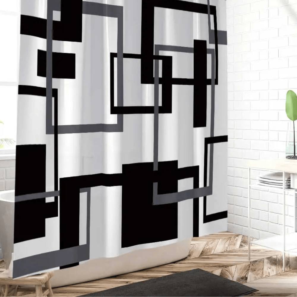 Tenture de Salle de Bain Moderne – Rideau Waterproof Noir & Blanc Géométrique, Lavable en Machine