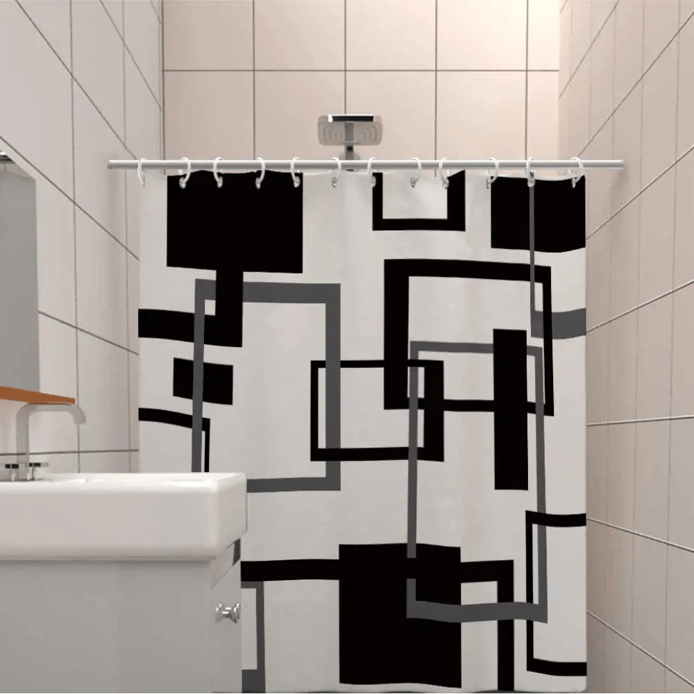 Tenture de Salle de Bain Moderne – Rideau Waterproof Noir & Blanc Géométrique, Lavable en Machine