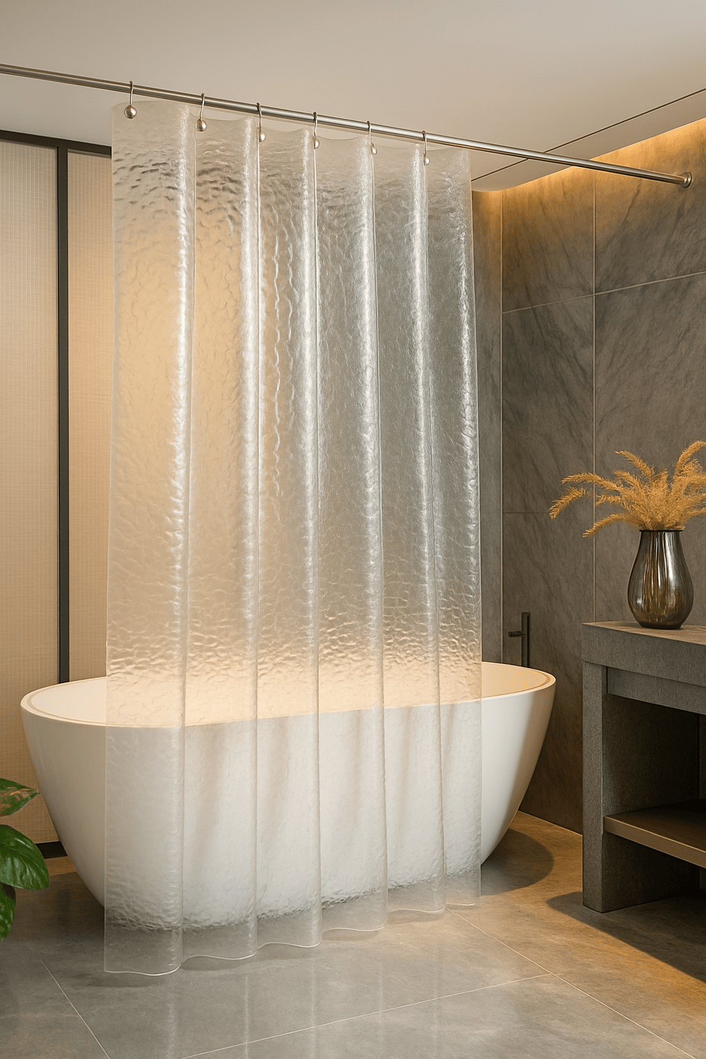 Transparent / 180*180cm Rideau de Douche Transparent 3D – Motif Galets en PEVA Étanche avec Crochets Inclus