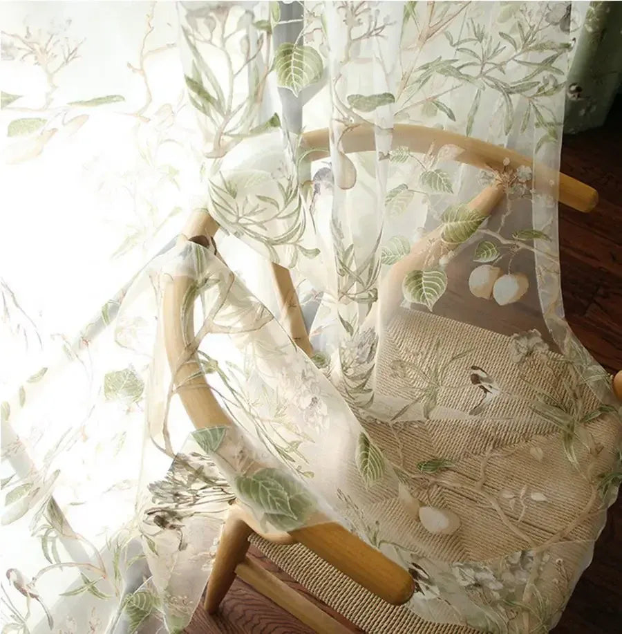 Transparent  Tulle / W500CM X L260CM / Grommet top Rideaux Campagne Américaine – Coton Tissé Lin Vert avec Motifs d’Oiseaux, Occultants pour Salon & Chambre