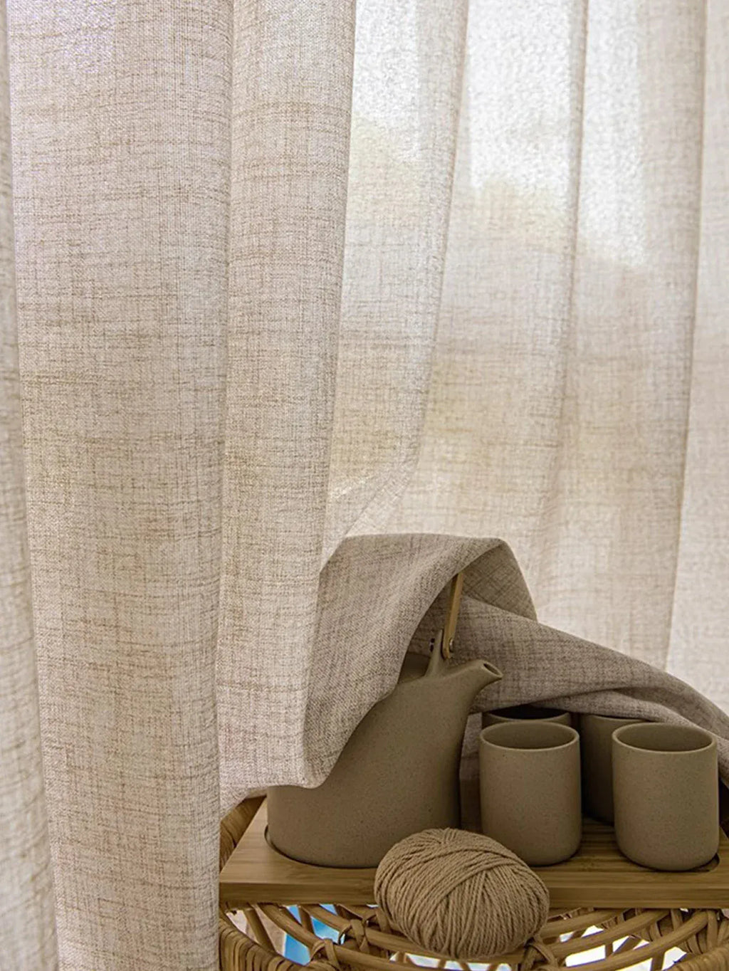 Voilage Beige Style Coréen – Tissu Effet Lin, Transparent et Élégant pour Salon ou Chambre