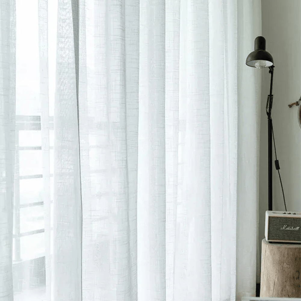 Voilage Blanc Effet Lin – Rideaux Transparents pour Salon, Style Japandi / Farmhouse, Drapés Aériens
