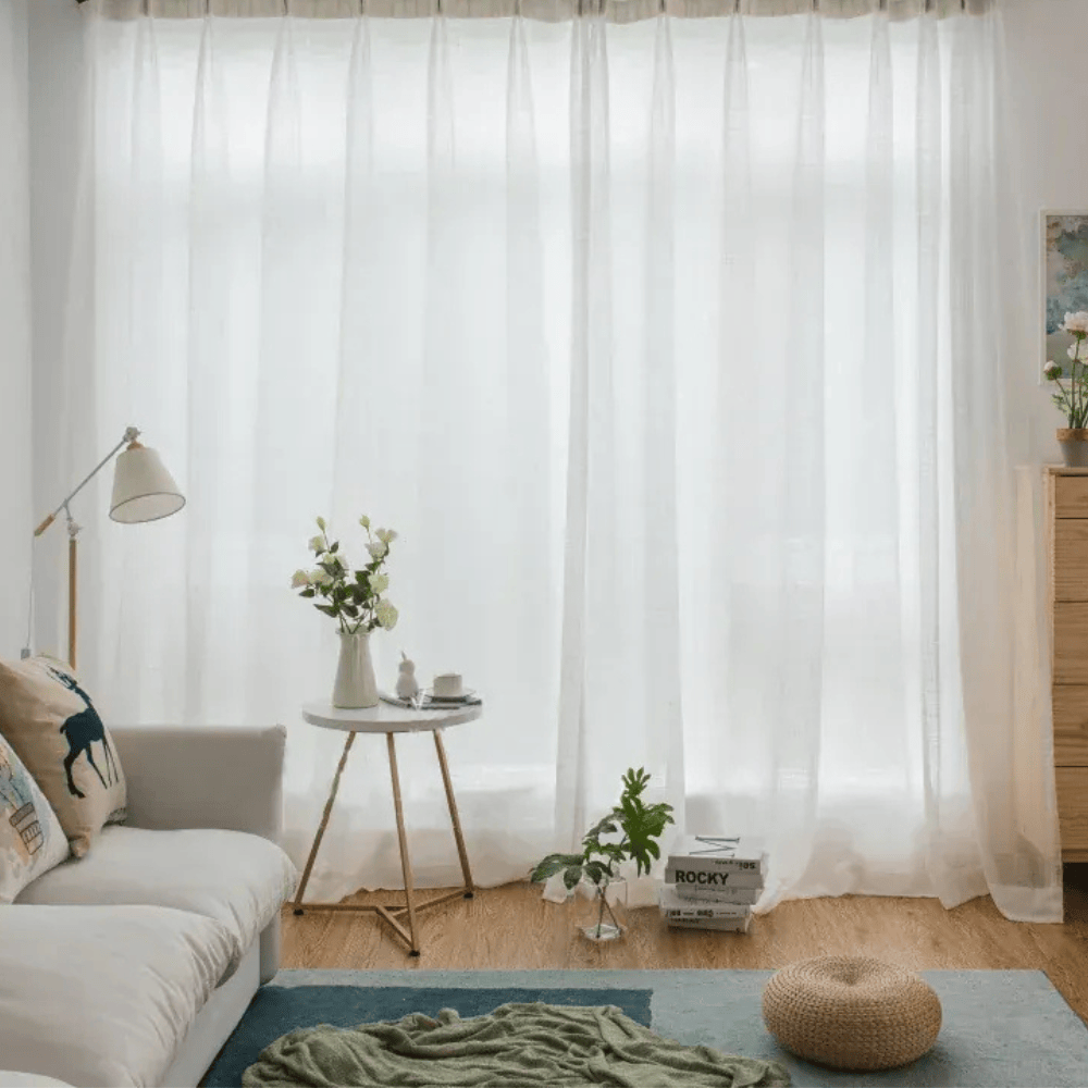 Voilage Blanc Effet Lin – Rideaux Transparents pour Salon, Style Japandi / Farmhouse, Drapés Aériens