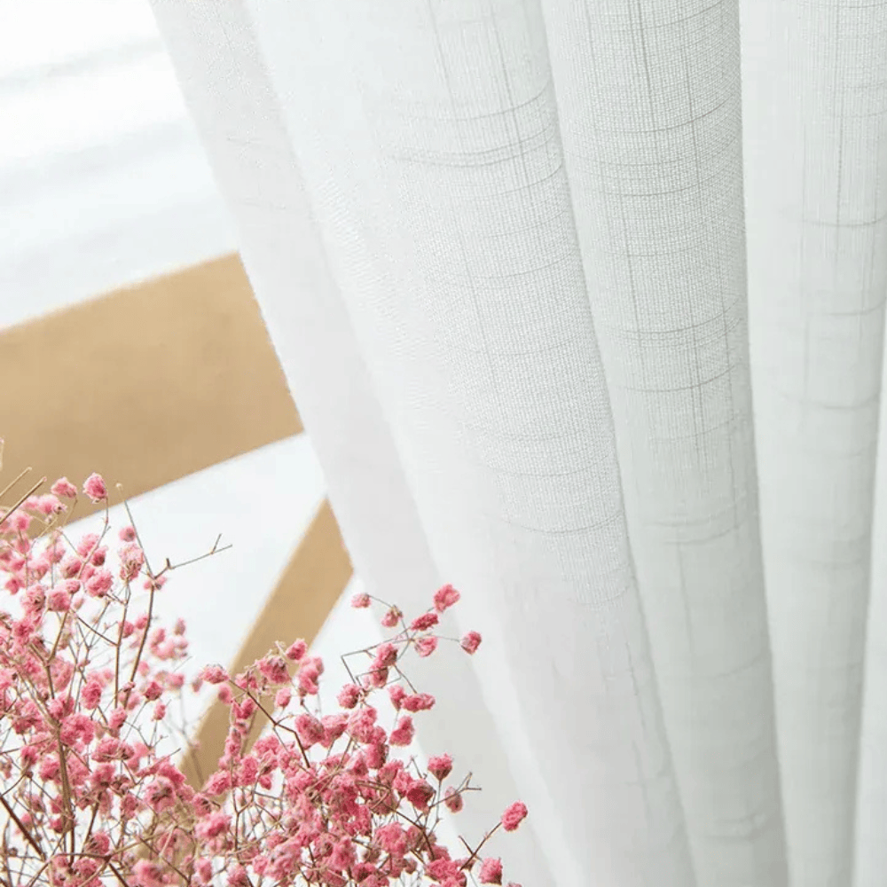 Voilage Blanc Effet Lin – Rideaux Transparents pour Salon, Style Japandi / Farmhouse, Drapés Aériens