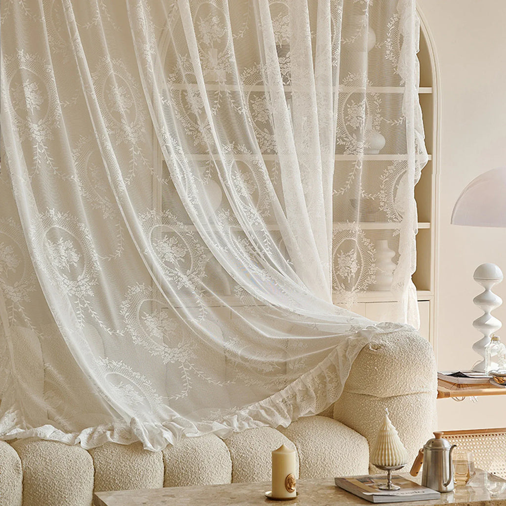 Voilage Dentelle Française – Gaze Blanche Translucide Élégante pour Salon et Séjour