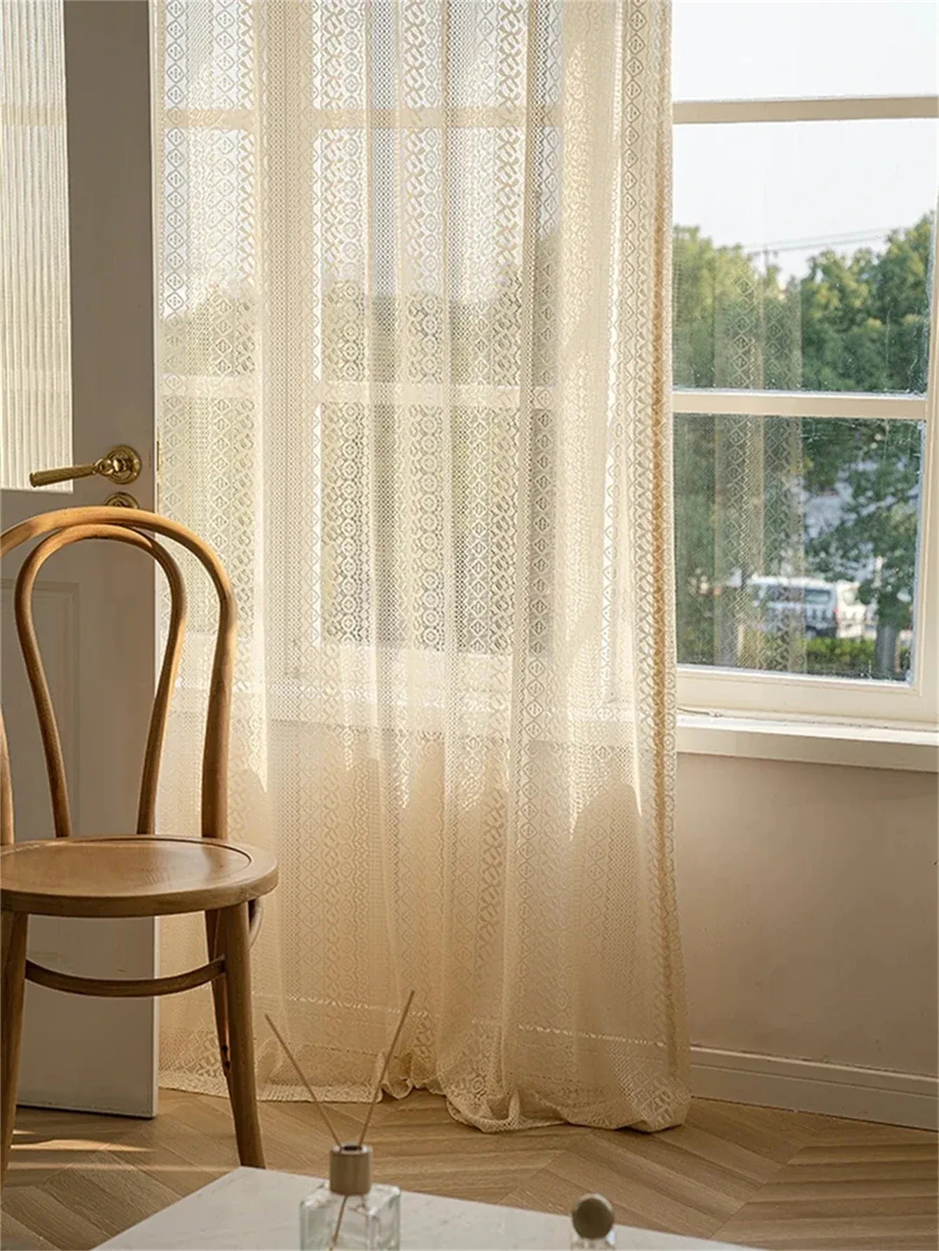 Voilage Rustique Japonais Bohème – Tulle Beige à Motif Losanges, Style Vintage Géométrique pour Salon (1 Panneau)