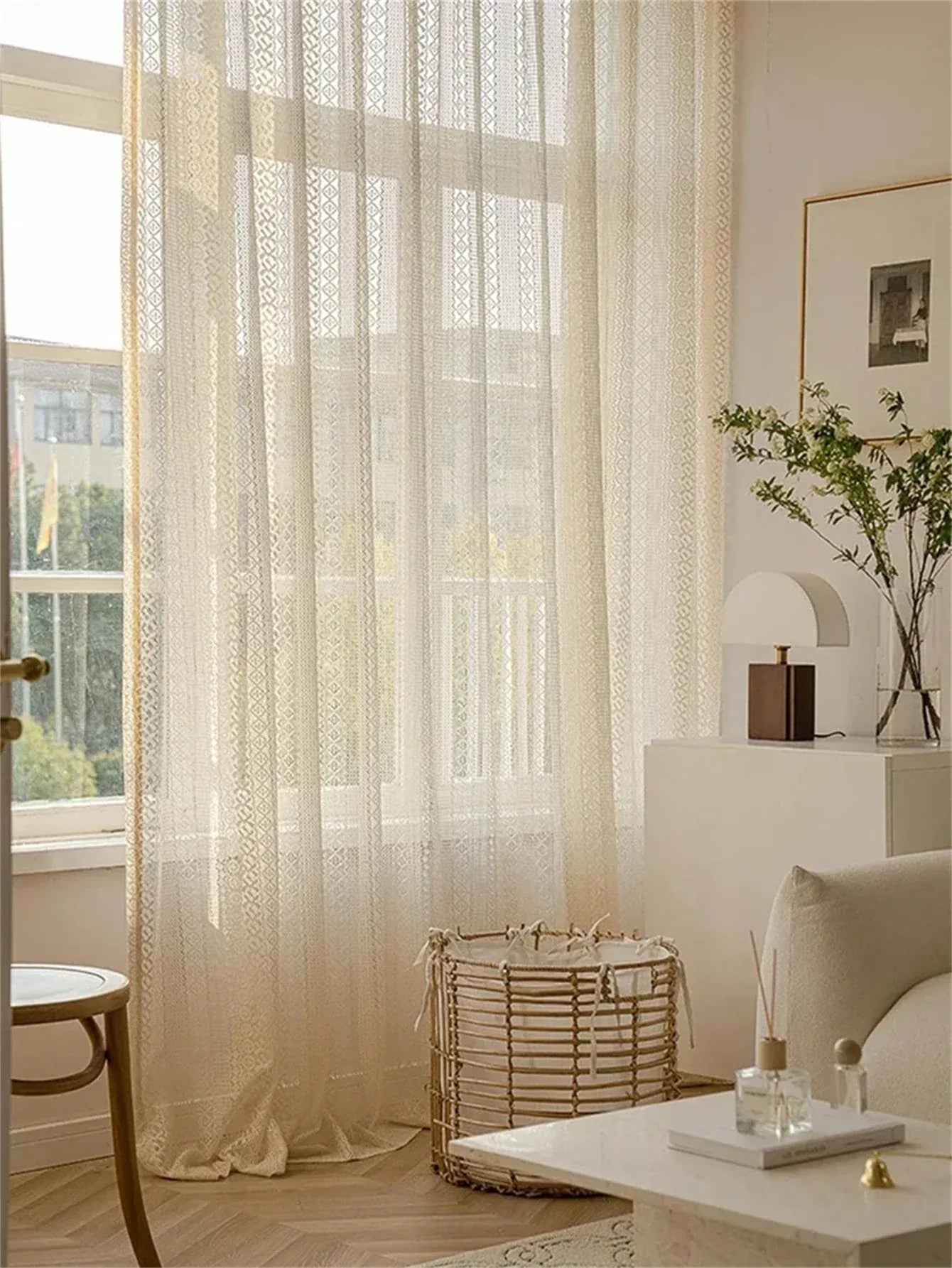 Voilage Rustique Japonais Bohème – Tulle Beige à Motif Losanges, Style Vintage Géométrique pour Salon (1 Panneau)