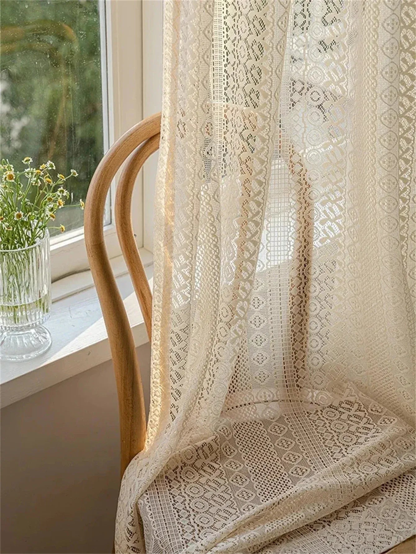W140xH265 / Rod pocket Voilage Rustique Japonais Bohème – Tulle Beige à Motif Losanges, Style Vintage Géométrique pour Salon (1 Panneau)