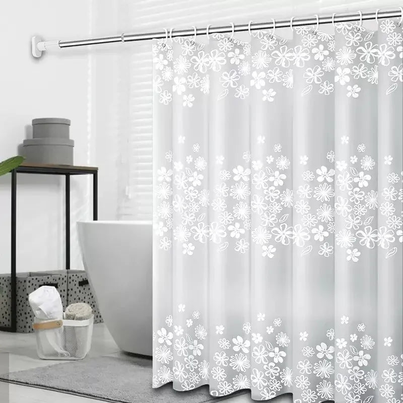 WHITE / 150*180cm Rideau de Douche Étanche en PEVA – Motif Uni Floral Gris Botanique avec Anneaux Métalliques