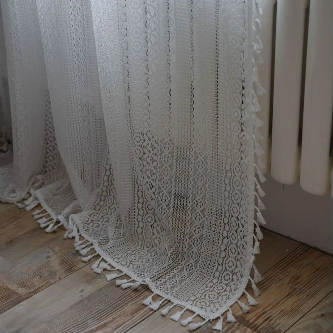 White A / W150xH130cm / Rod Pocket Rideaux Rustiques en Dentelle Tulle Française – Motif Géométrique Rayé, Voilage Lumineux pour Salon ou Chambre