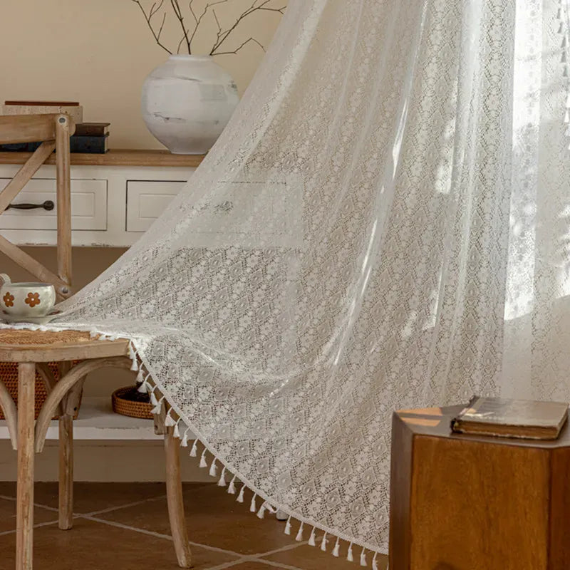 White B / W150xH220cm / Rod Pocket Rideaux Rustiques en Dentelle Tulle Française – Motif Géométrique Rayé, Voilage Lumineux pour Salon ou Chambre