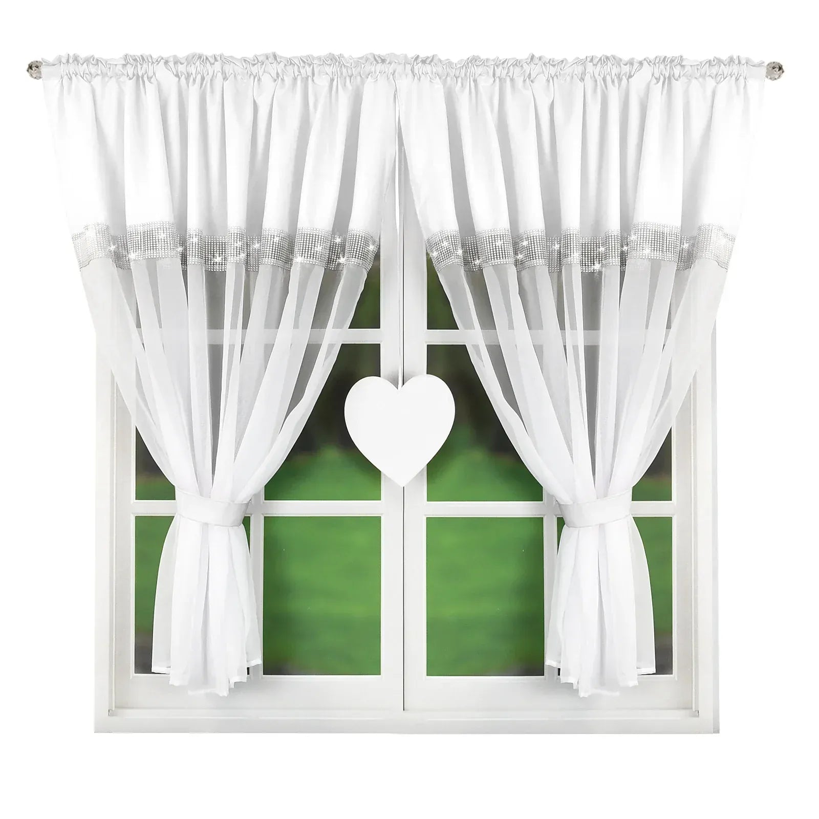 WHITE / W300xH145cm 1pc / Pull Pleated Tape Rideaux Semi-Transparents avec Cœurs Argentés – Design Découpé Laser, Protection UV, 1 Pièce