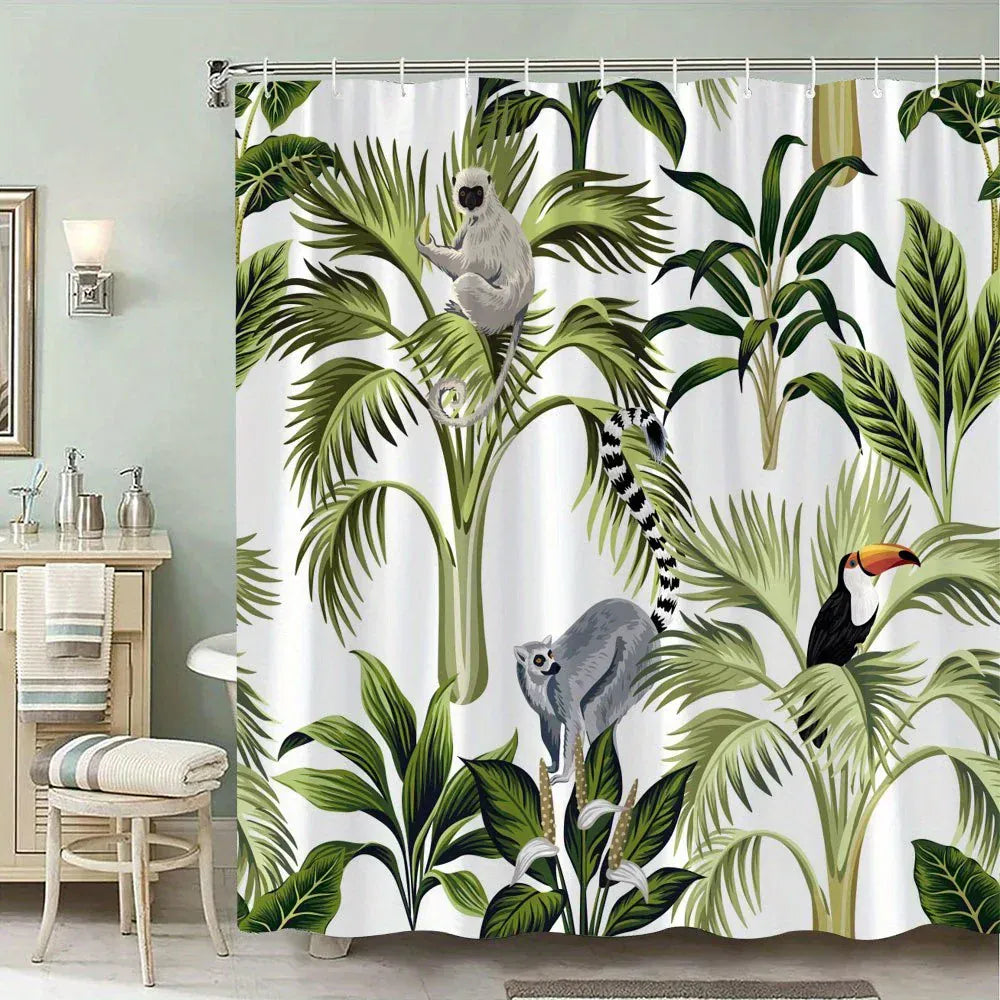 wyl-7010018 / 90X180cm Rideau de Douche Tropical – Motifs Lémuriens et Toucans, Forêt Luxuriante, Tissu Polyester Étanche