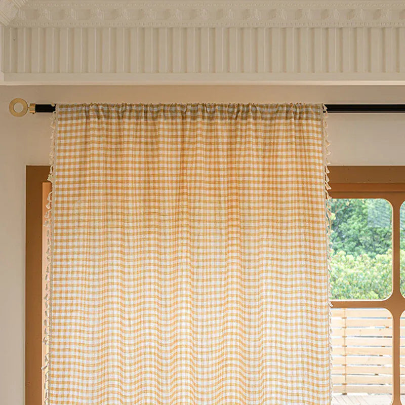 yellow / W140cm x H260cm 2Pcs / Grommet Top Rideaux Rustiques Style Forêt à Franges – Motif à Carreaux, Idéals pour Chambre, Salon ou Balcon (1/2 Pcs)