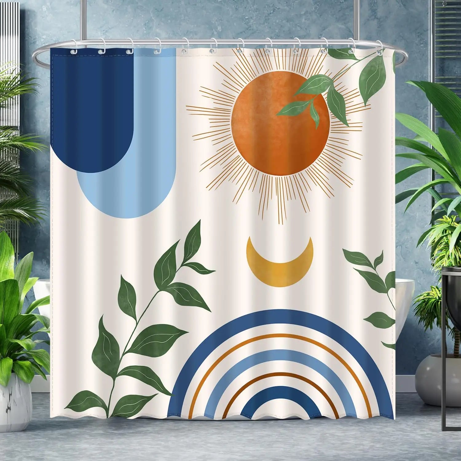 zjl-250616000117 / W120XH180cm Rideau de Douche Étanche – Design Abstrait Soleil & Lune avec Feuilles de Palmier pour Salle de Bain