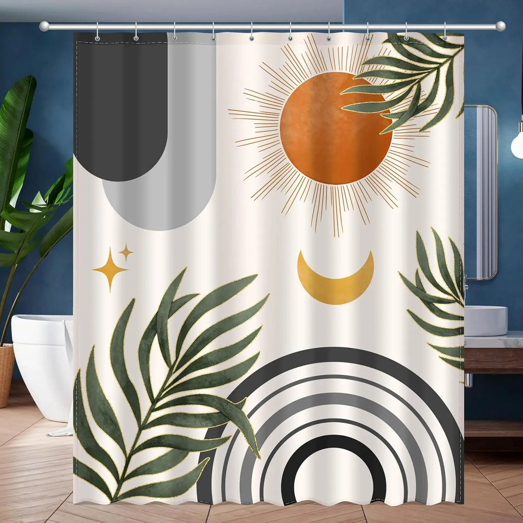 zjl-250616000118 / W300XH180cm Rideau de Douche Étanche – Design Abstrait Soleil & Lune avec Feuilles de Palmier pour Salle de Bain