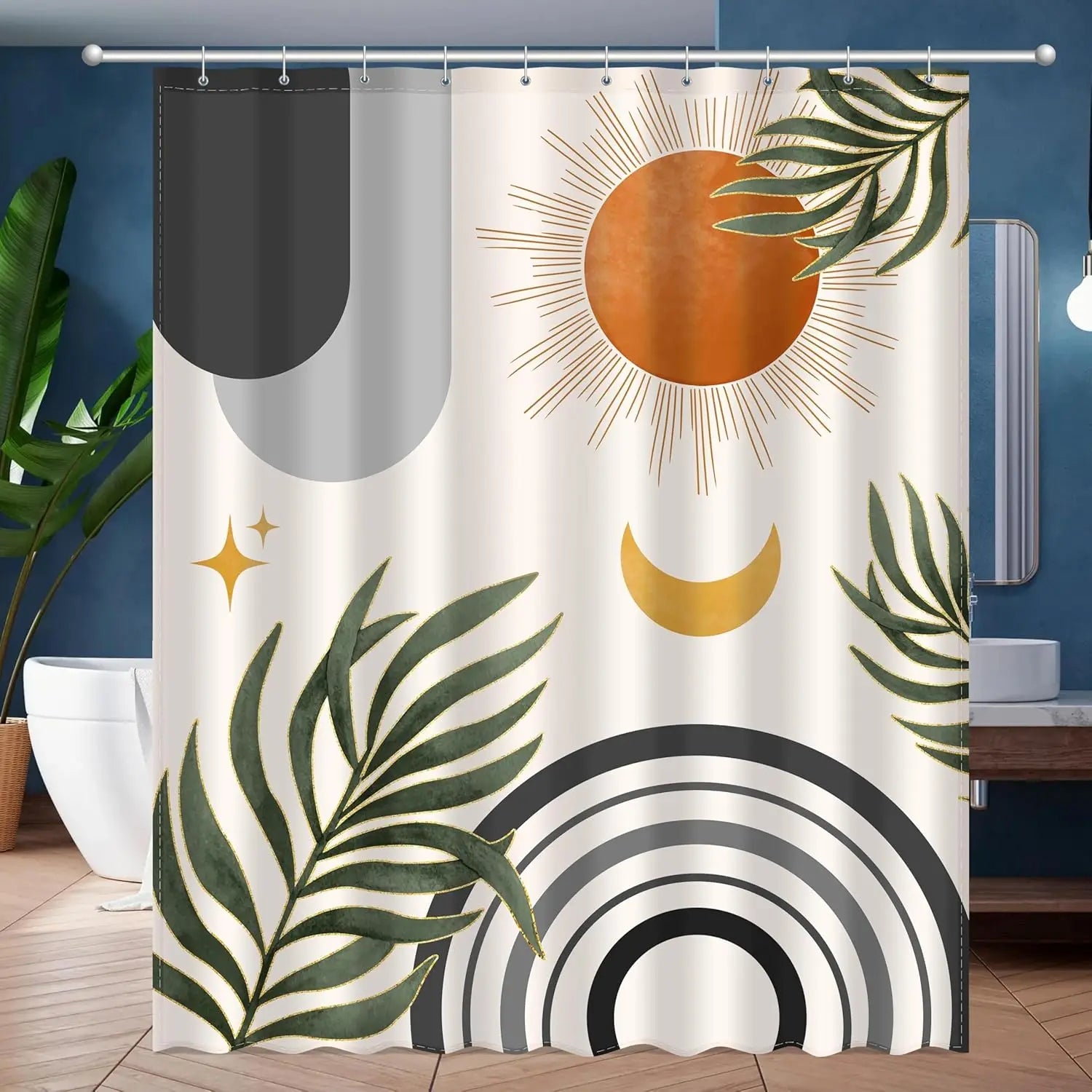 zjl-250616000118 / W300XH180cm Rideau de Douche Étanche – Design Abstrait Soleil & Lune avec Feuilles de Palmier pour Salle de Bain