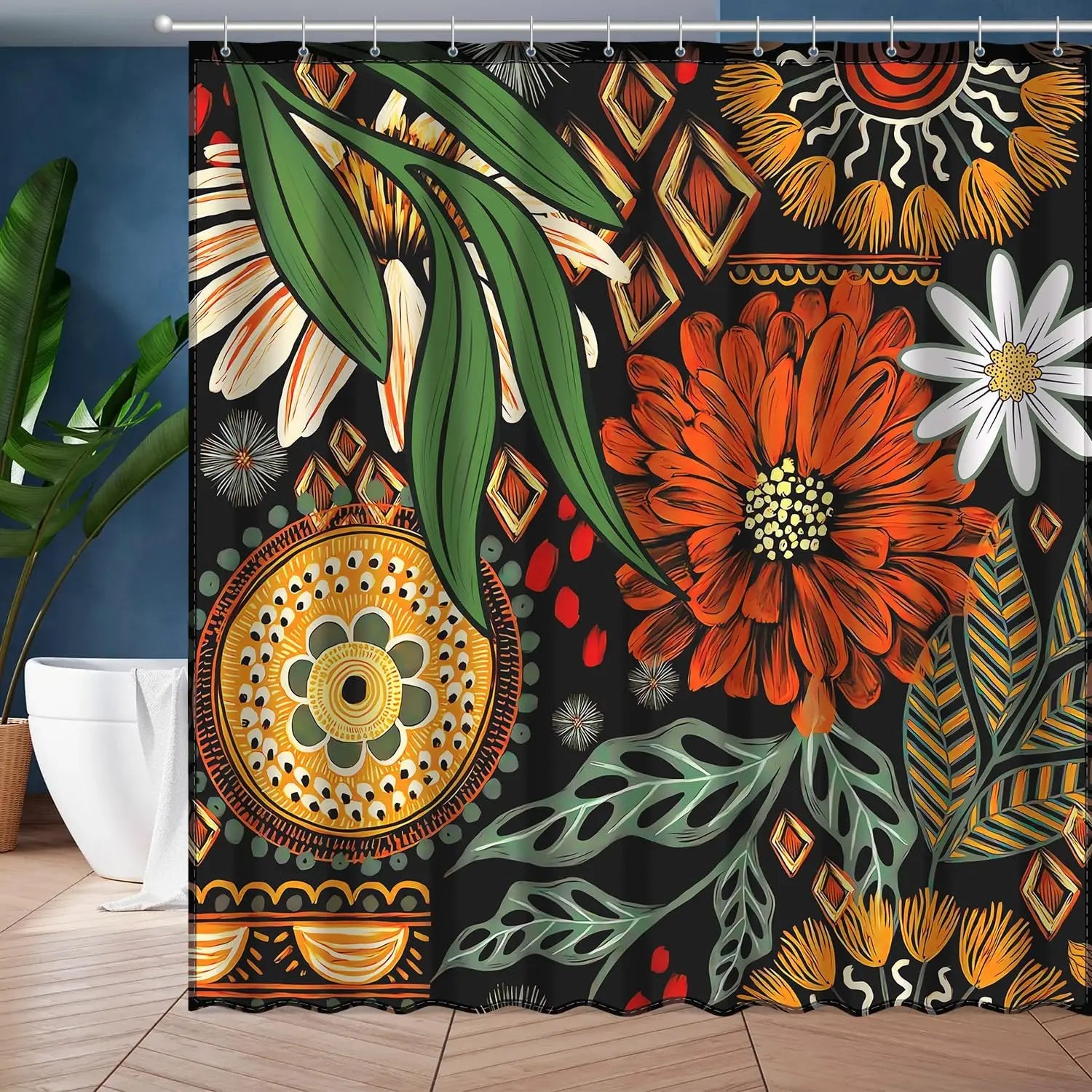 zjl-250616000119 / W230XH180cm Rideau de Douche Étanche – Design Abstrait Soleil & Lune avec Feuilles de Palmier pour Salle de Bain